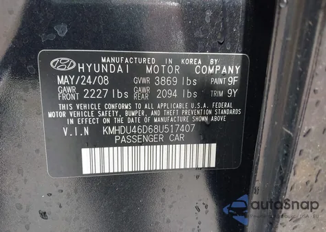 2008 Hyundai Elantra Gls/Se from USA, damaged, VIN KMHDU46D68U517407